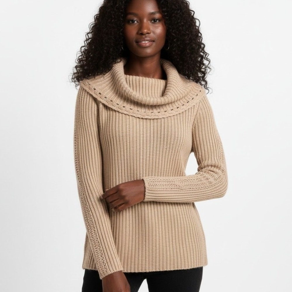 Talbots Ribbed Cowl Neck Eyelet Knit Sweater Tan Neutral Crochet Sleeve Size M